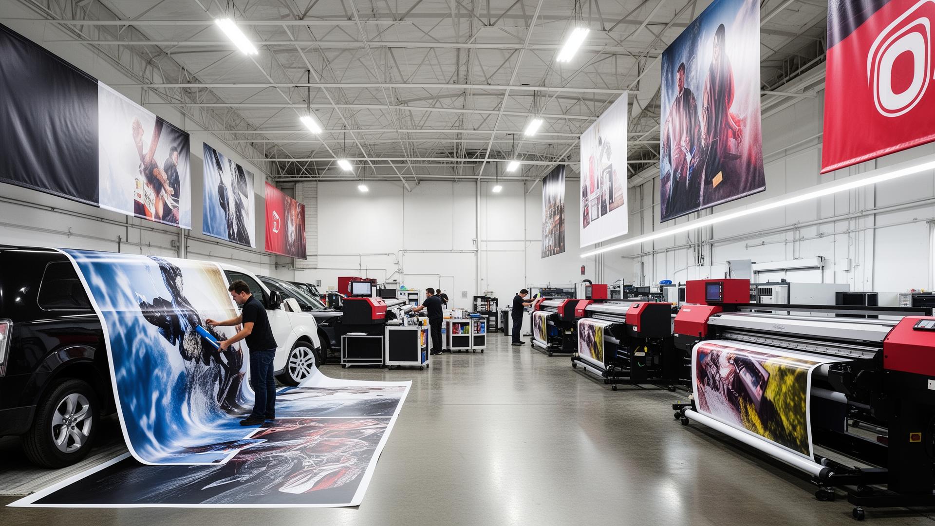 Q'D UP Print & Design production floor with vehicle wraps and large format printers
